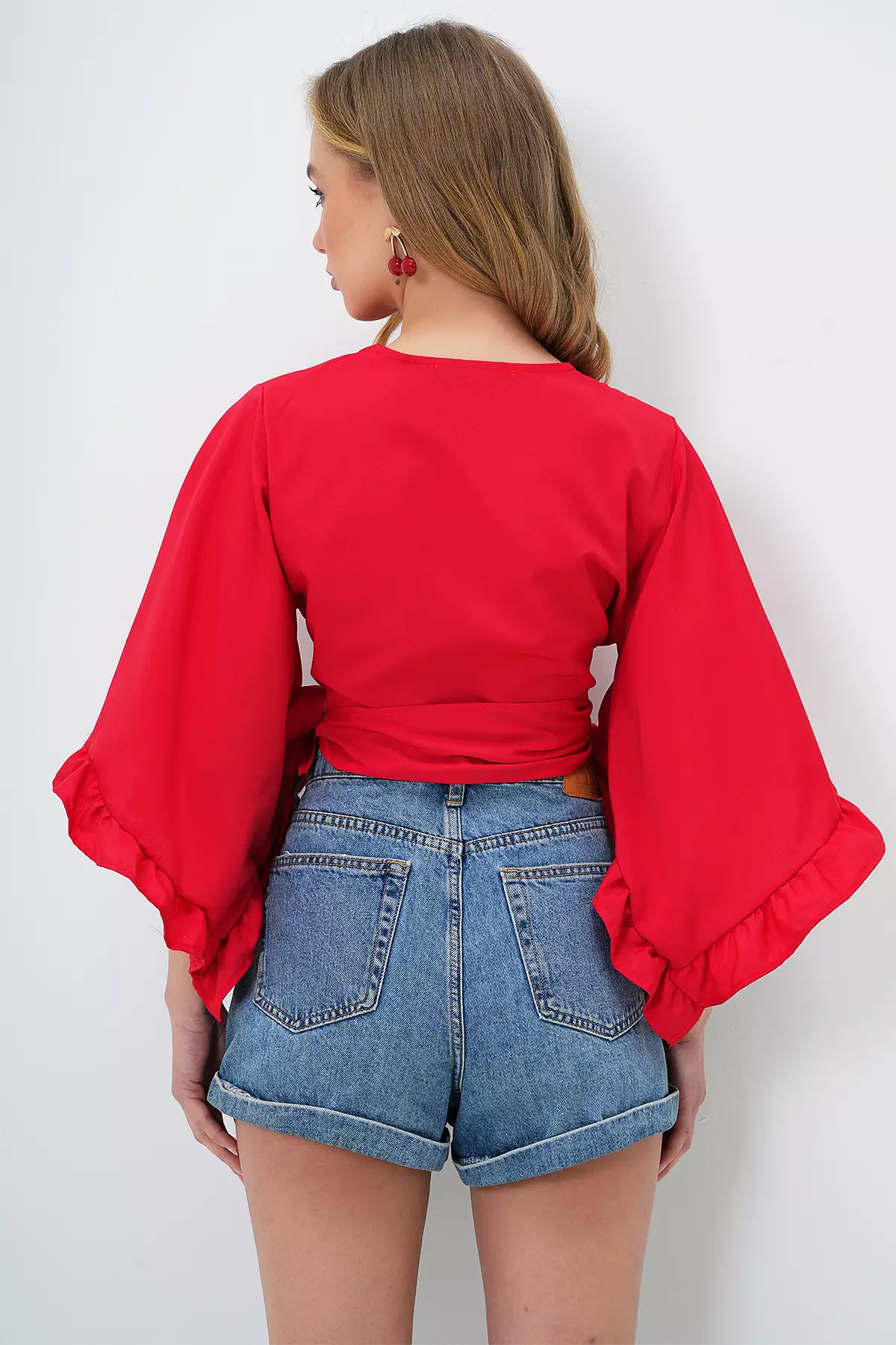 Flared Sleeves Linen Crop Woven Blouse