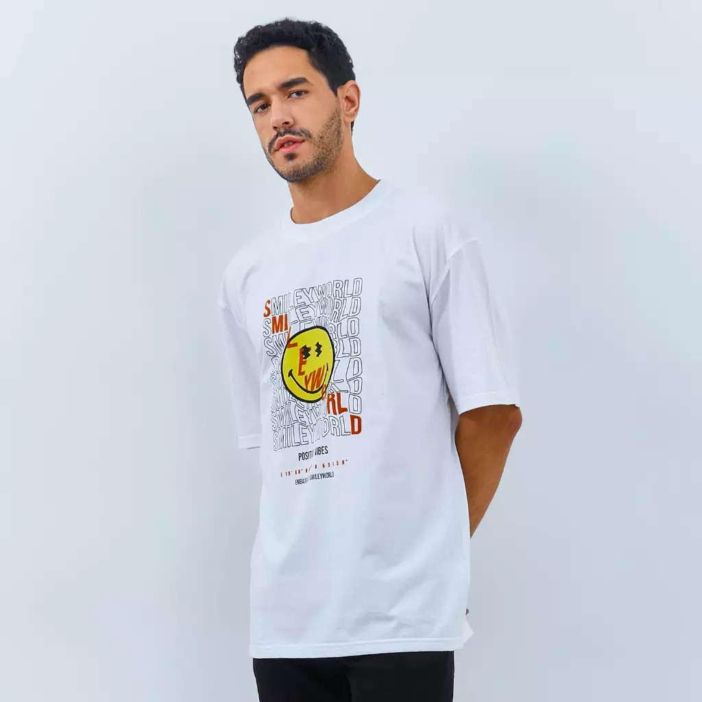 EMBA DENIM I SMILEYWORLD - Kaos Smiley Oversize Pria Material Single Jersey Warna Putih - Hank
