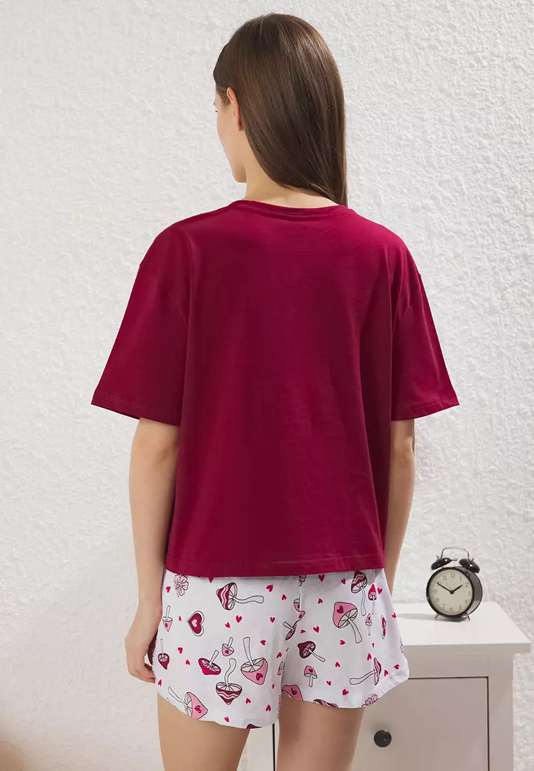 Claret Red 100% Cotton Fun Patterned Shorts Knitted Pajama Set Thmss25Pt00393