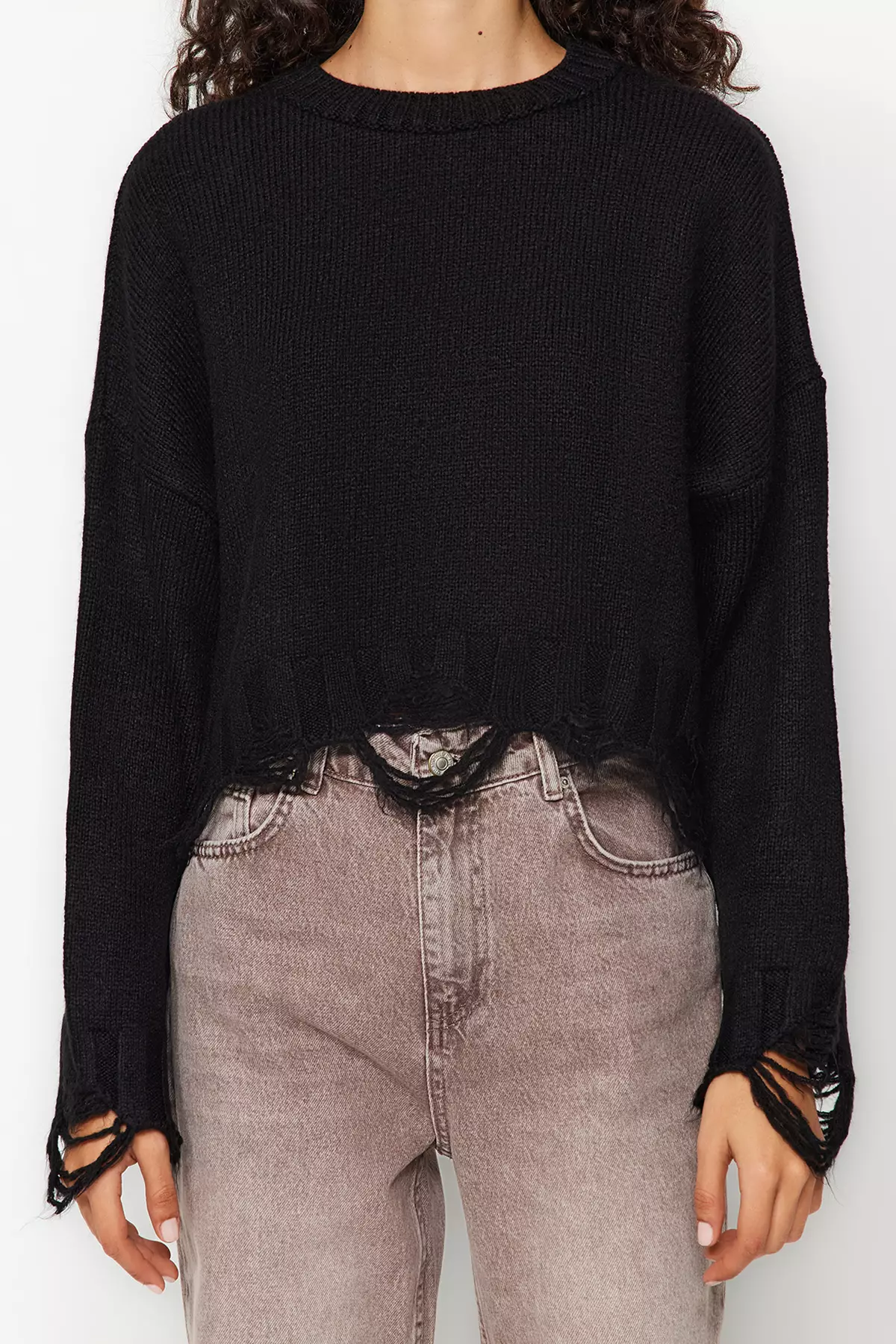 Black Crop Wide Pattern Soft Textured Flowing Detailed Knitwear Sweater Twoaw24Kz00319