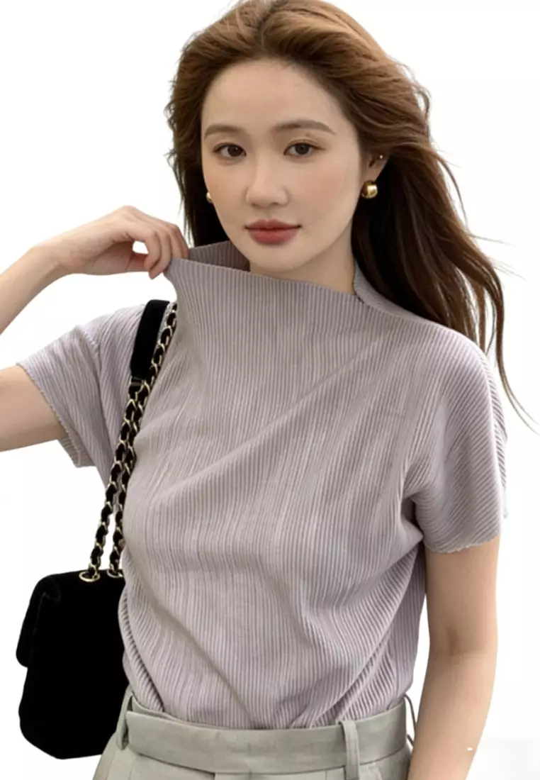 Half Mock Neck Textured Short Sleeve T-Shirt CA26031922LGGY