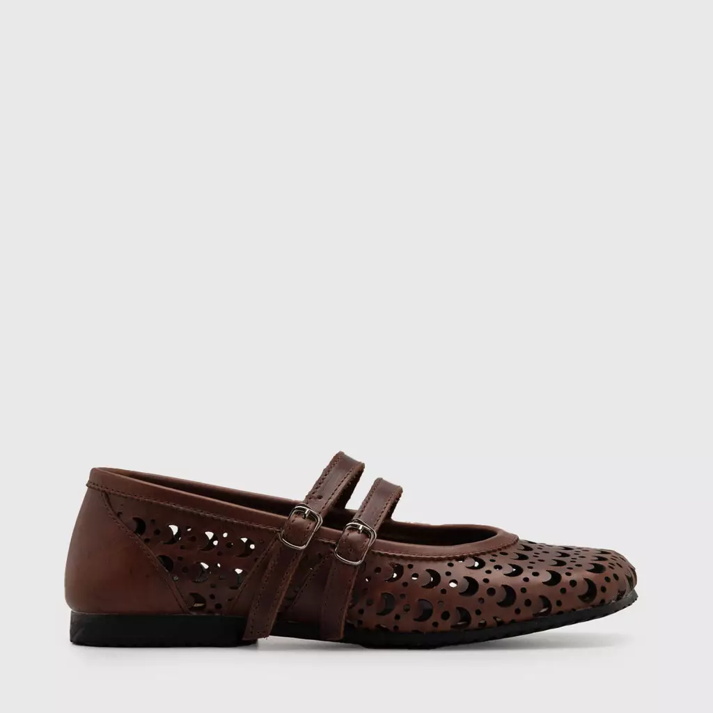 Adorable Projects - Naureen Laser Cut Flat Shoes Genuine Leather Brown