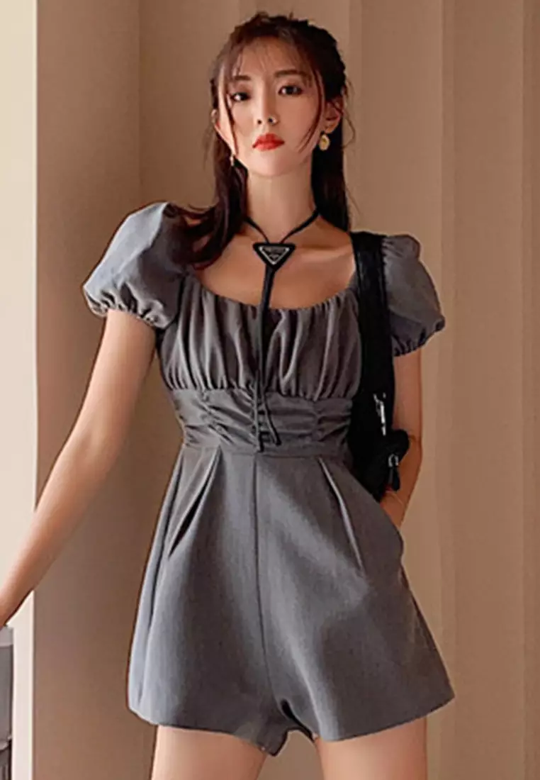 Casual High Waist Pleated Wide Leg Jumpsuit A22050310GY