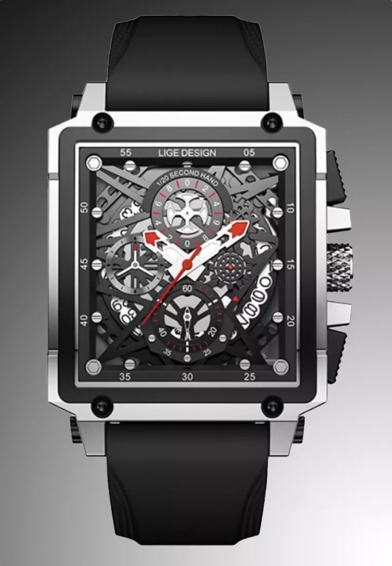 Skeleton Unisex Stainless Steel Chronograph Quartz watch 42mm W x 45mm H on Black Rubber Strap