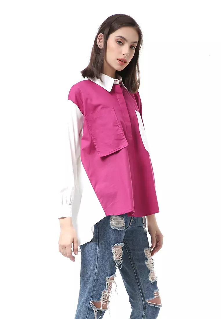 Brielle Atasan Wanita Kemeja Lengan Panjang Model Dua Warna Shirt Two Tone Material Cotton ORIGINAL - Fuschia White