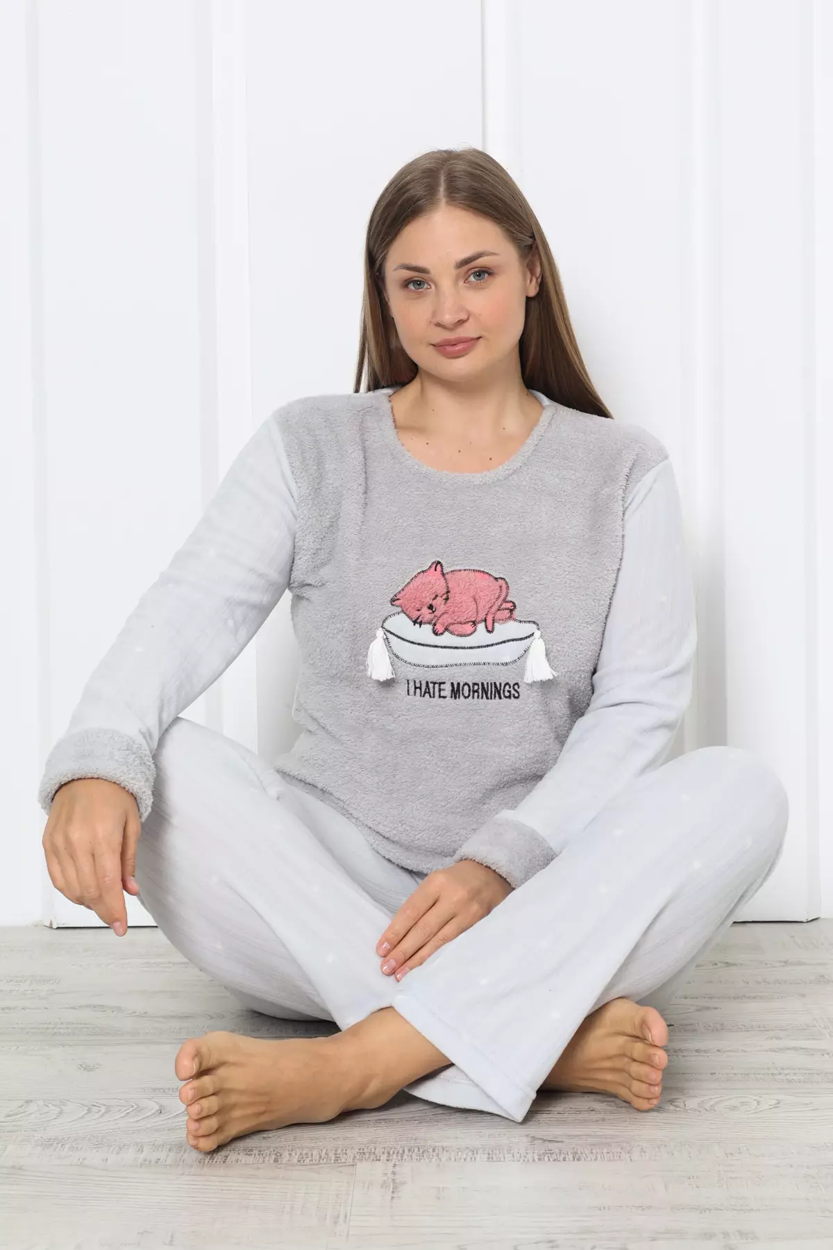 Gray Cat Printed Polar Fleece Plus Size Pajama Set