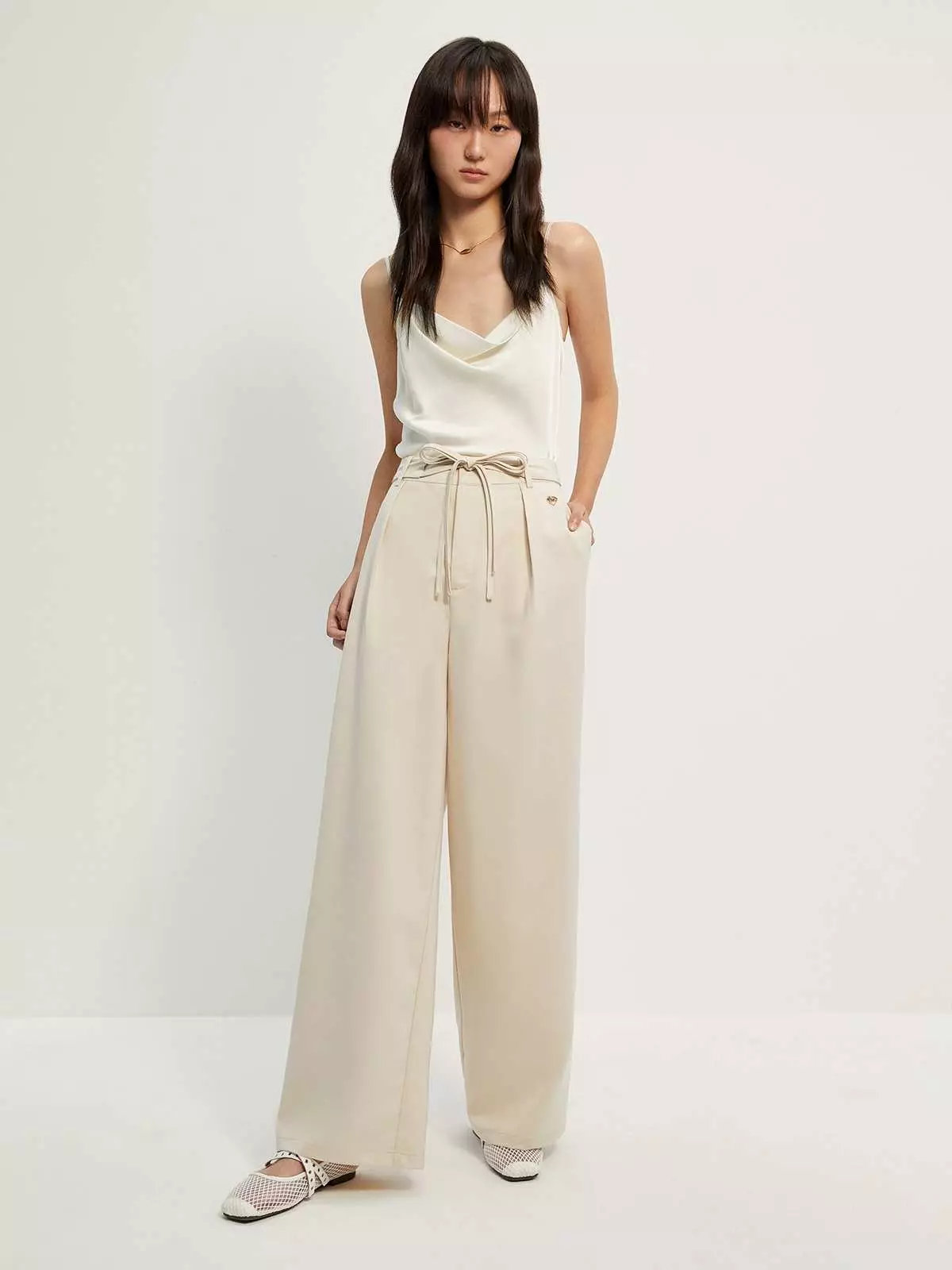 Tie-West Detail Straight Pants - Beige