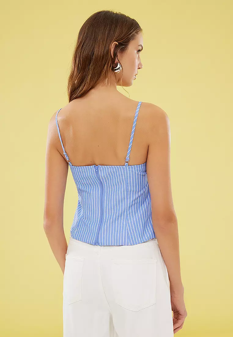 Blue Strap Front Rose Detail Striped Woven Blouse