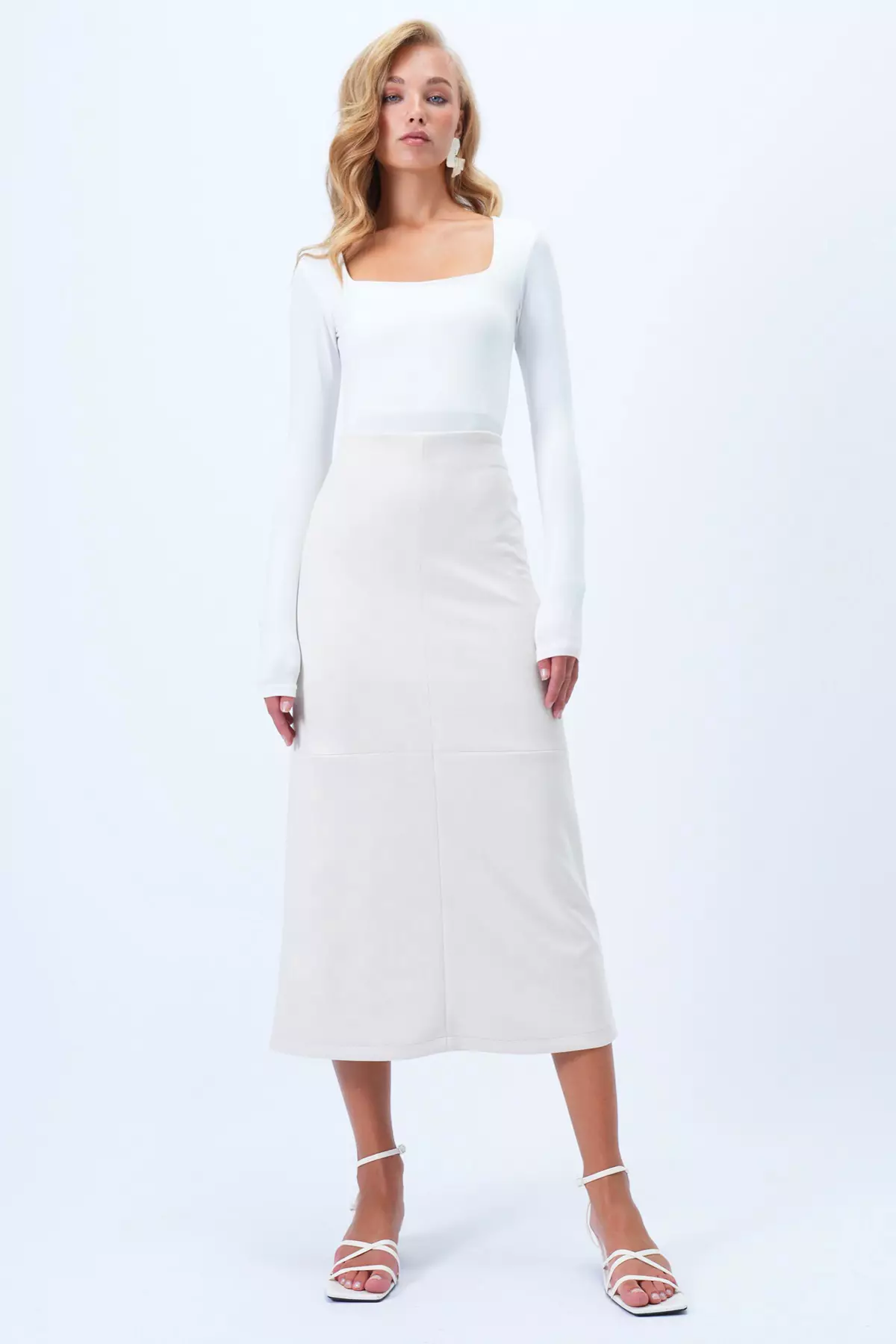 Women's Ecru Hidden Zippered Stitching Detailed Faux Suede Maxi Skirt Alc-X14407