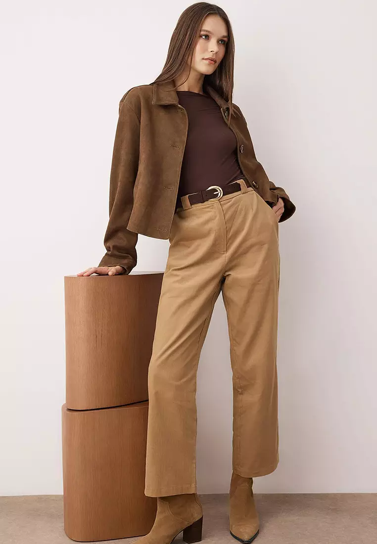 Beige Brown Velvet Straight Cut Trousers