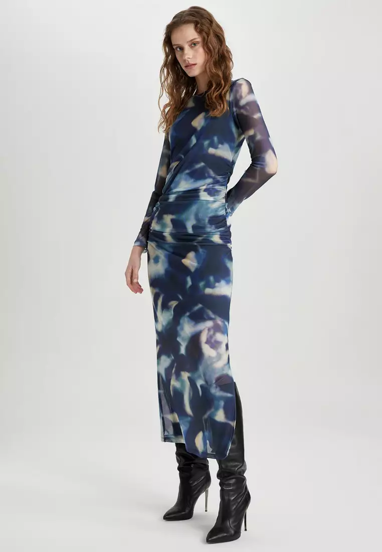 Printed Tulle Midi Dress