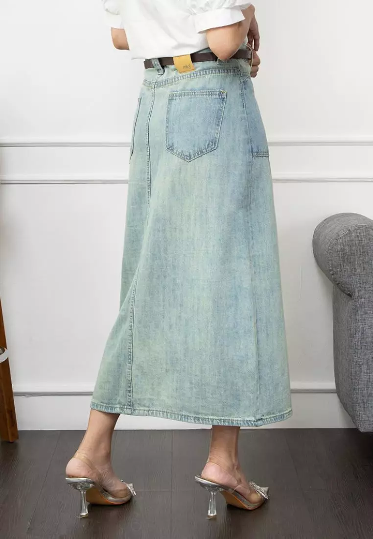 Requel Midi Slit Skirt with Belt in Light Blue