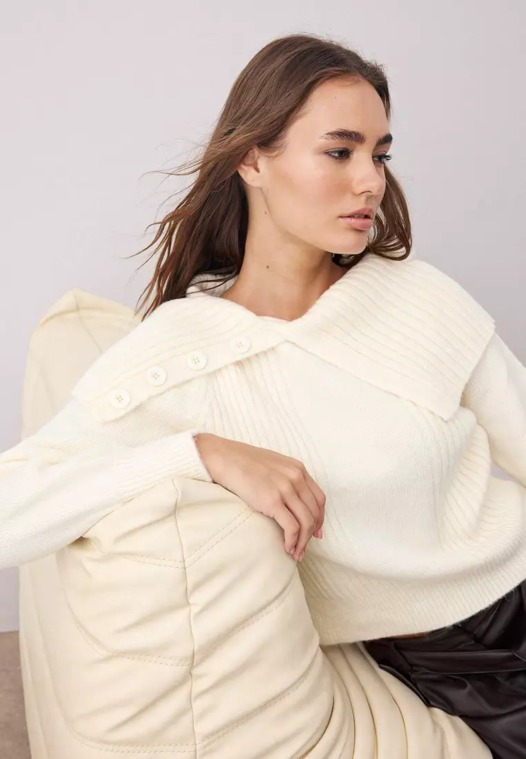 Ecru Soft Texture Turn-Down Collar Knitwear Sweater Twoaw26Kz00024