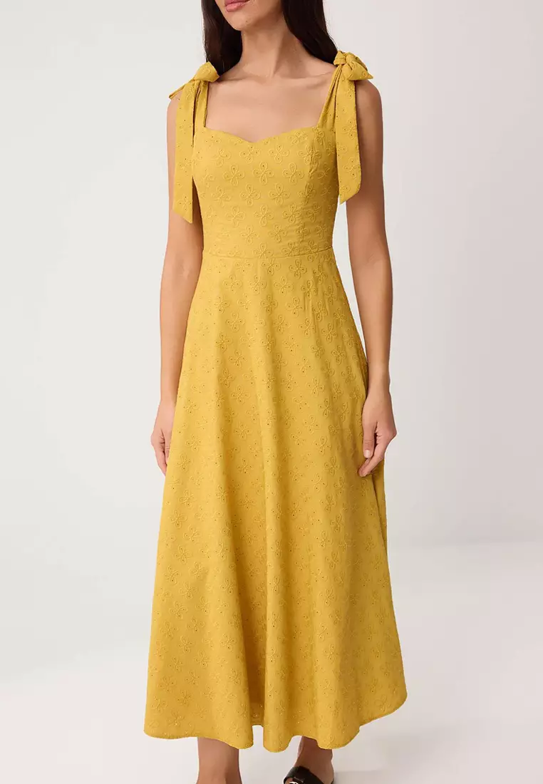 Mustard Plain Tie Detail Maxi Woven Dress Twoss25El863