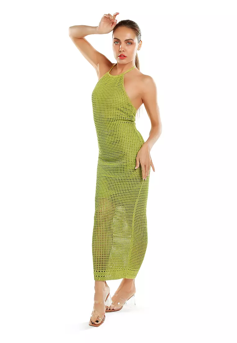 Halter Neck Backless Dress in Chartreuse