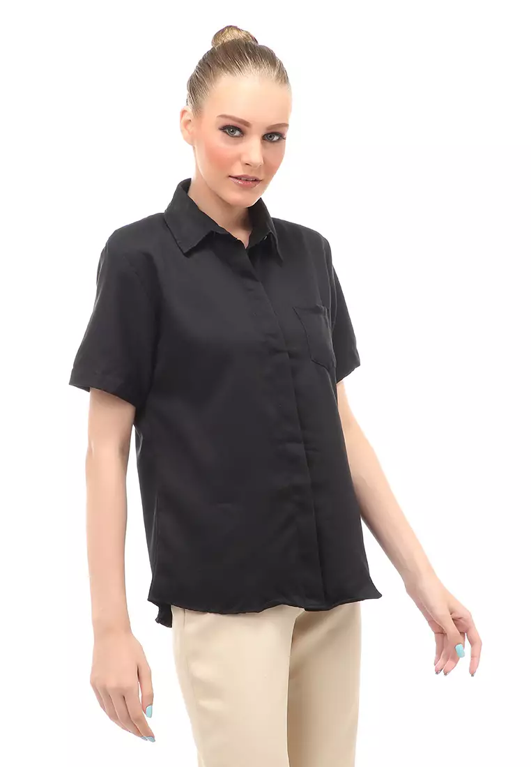 Shirt Atasan Wanita Lengan Pendek Detail Saku Motif Polos Design Simple - Hitam