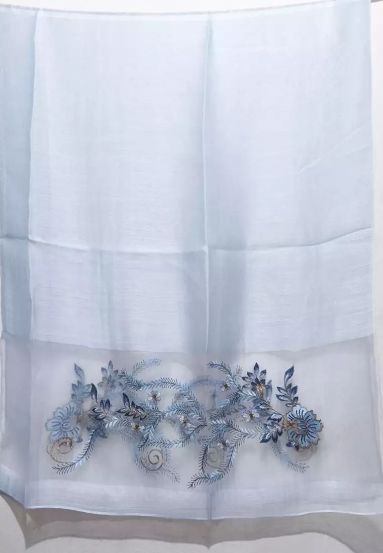 Golden Thread Embroidery Camelia Floral Silk Shawl Syal Sutra Wanita Baby Blue