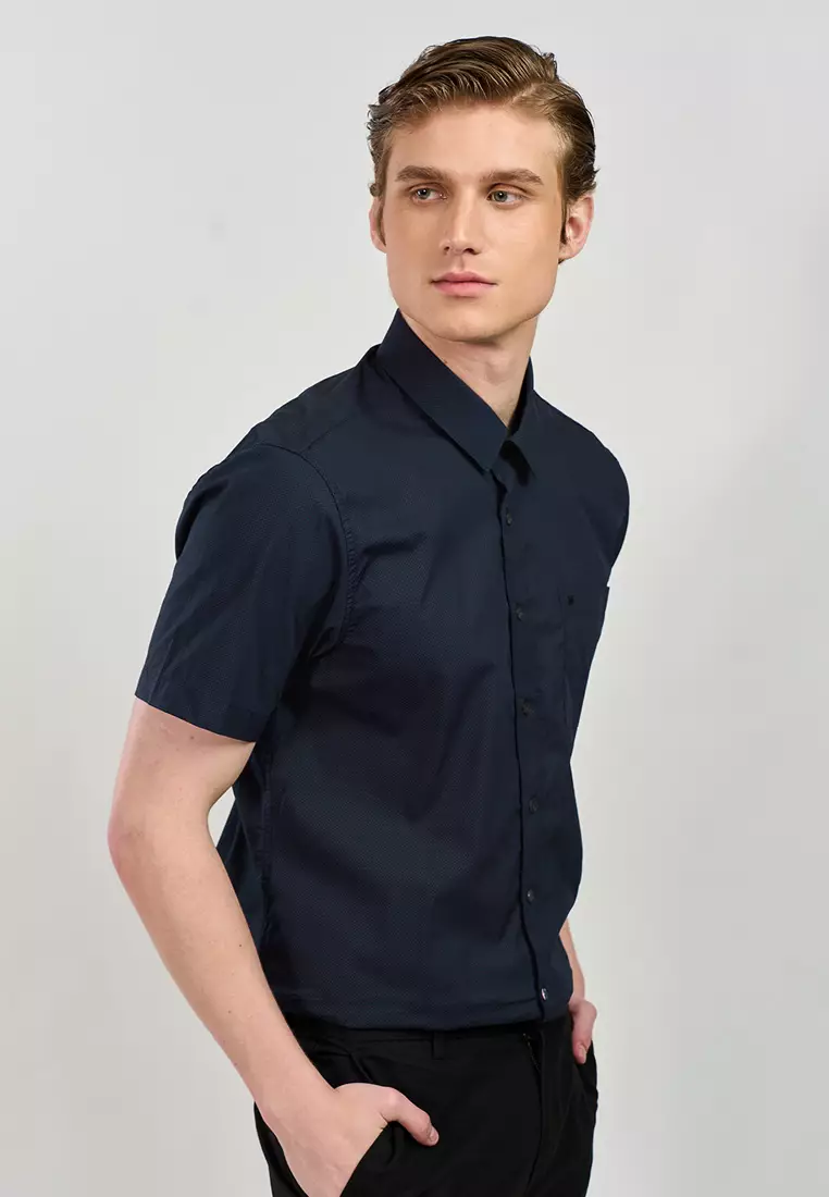 Men's Slim Fit Black Microprint Short Sleeve Shirt