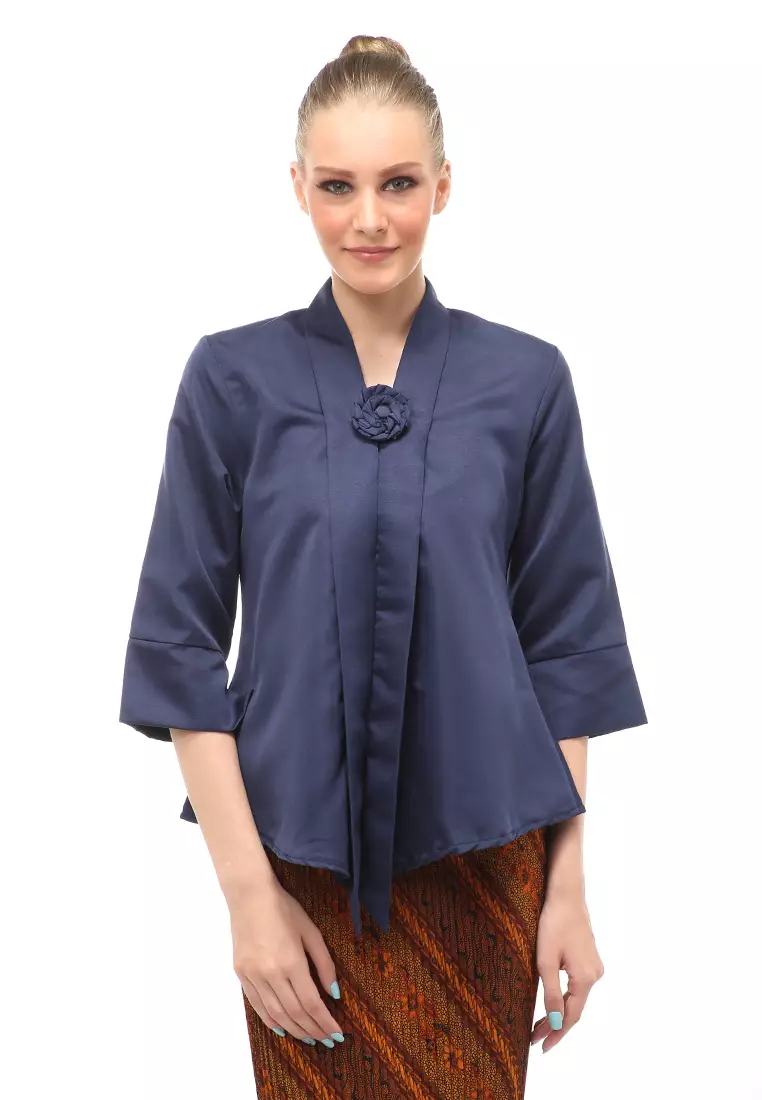 Elvia Kebaya Atasan Wanita Lengan Panjang Design Casual - Navy