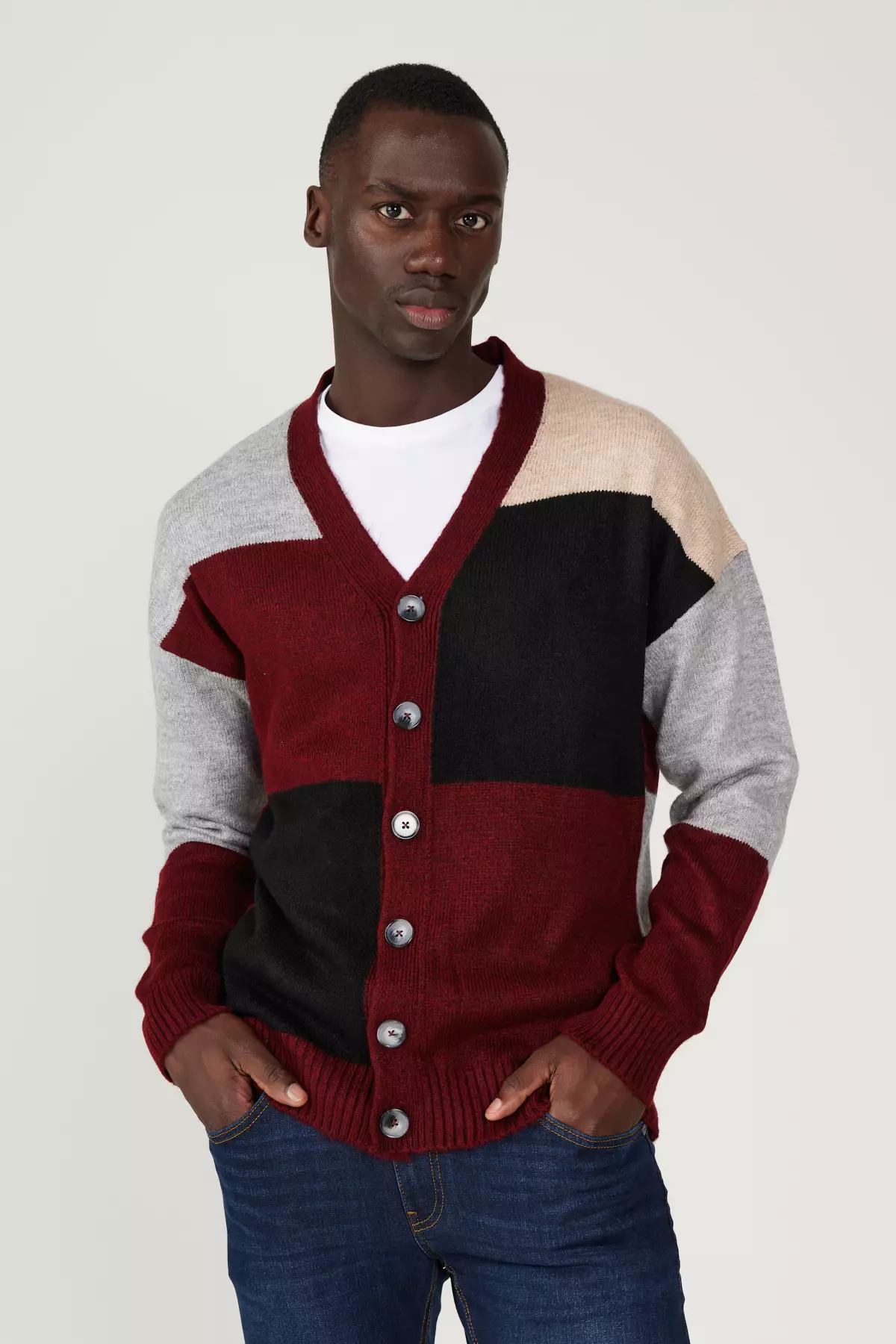 Burgundy-Gray Standard Fit Regular Cut V-Neck Fleece-Lined Soft Textured Knitwear Cardigan