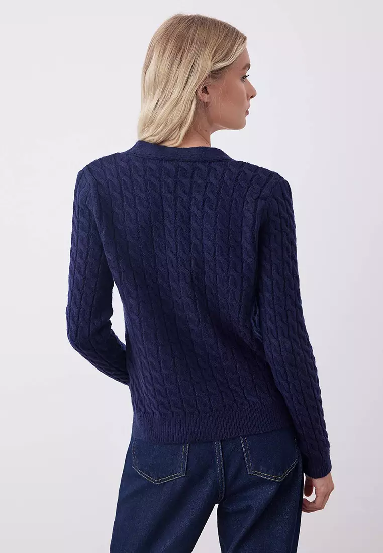 Button Detailed Soft Textured V-Neck Knit Cardigan