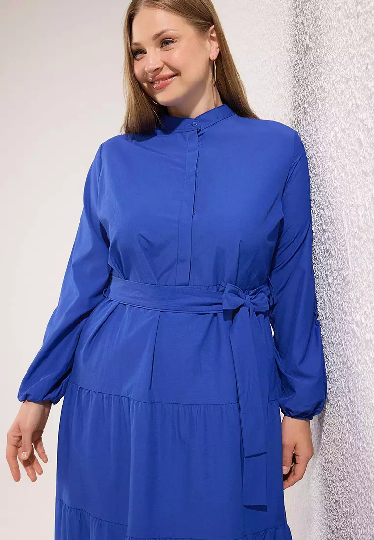 Plus Size Saxe Belted Judge Collar Button Detailed Woven Dress Tctss25Eb00150
