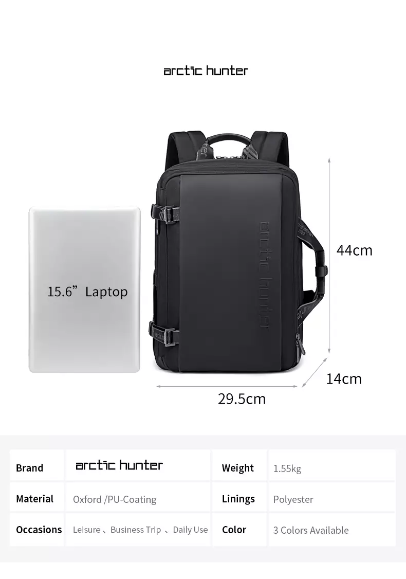 Arctic Hunter B00540 Tas Ransel Backpack Laptop Kerja pria 15.6 Inch Expantion Travel - BLACK