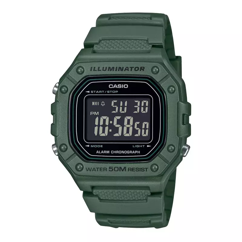 Jam Tangan Pria Casio W-218H-3BVDF W218 W-218H Illuminator Digital Dial Green Resin Band