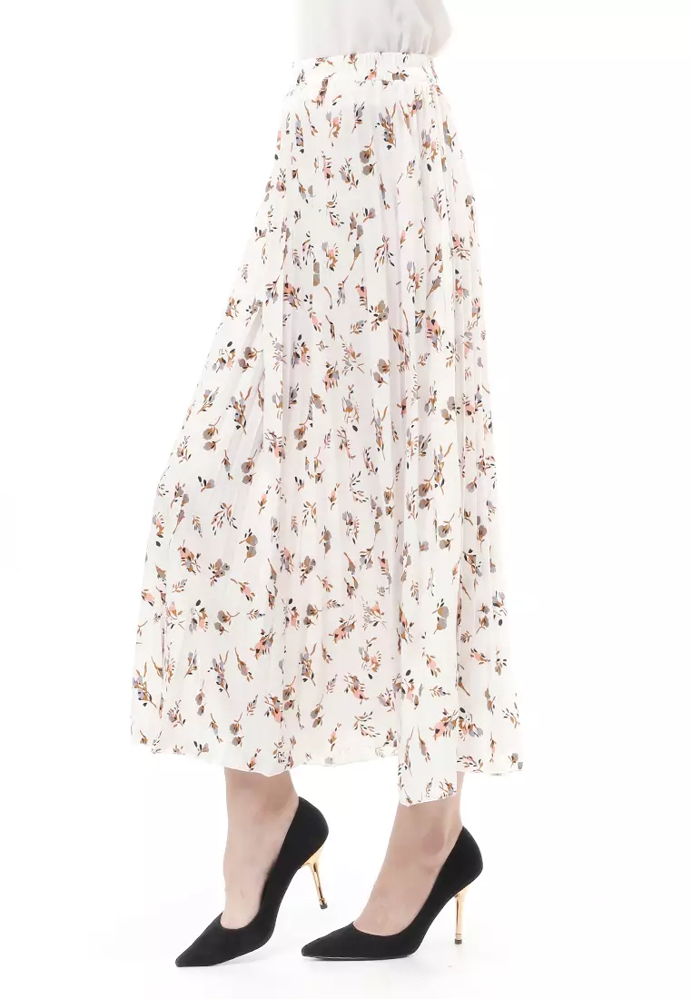 Rok Plisket Motif Print Design Vintage Rubbery Waist Bawahan Wanita - Daily Putih