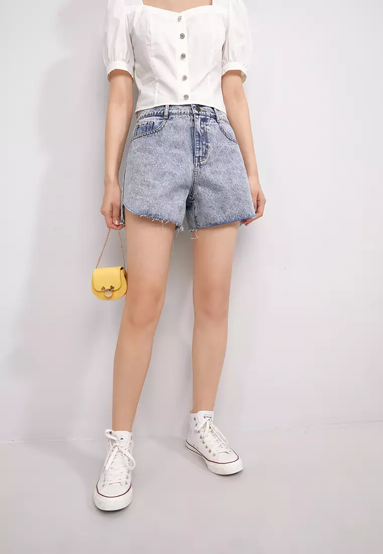 Light Wash Ripped Cuff Denim Shorts