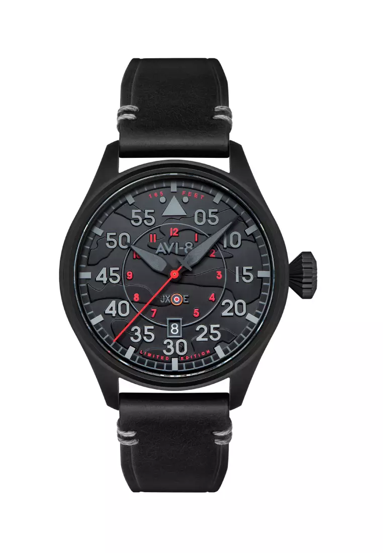 AVI 8 Men s 46mm Hawker Hurricane Clowes Automatic Night Reaper Limited Edition Watch With Black Leather Strap AV 4097