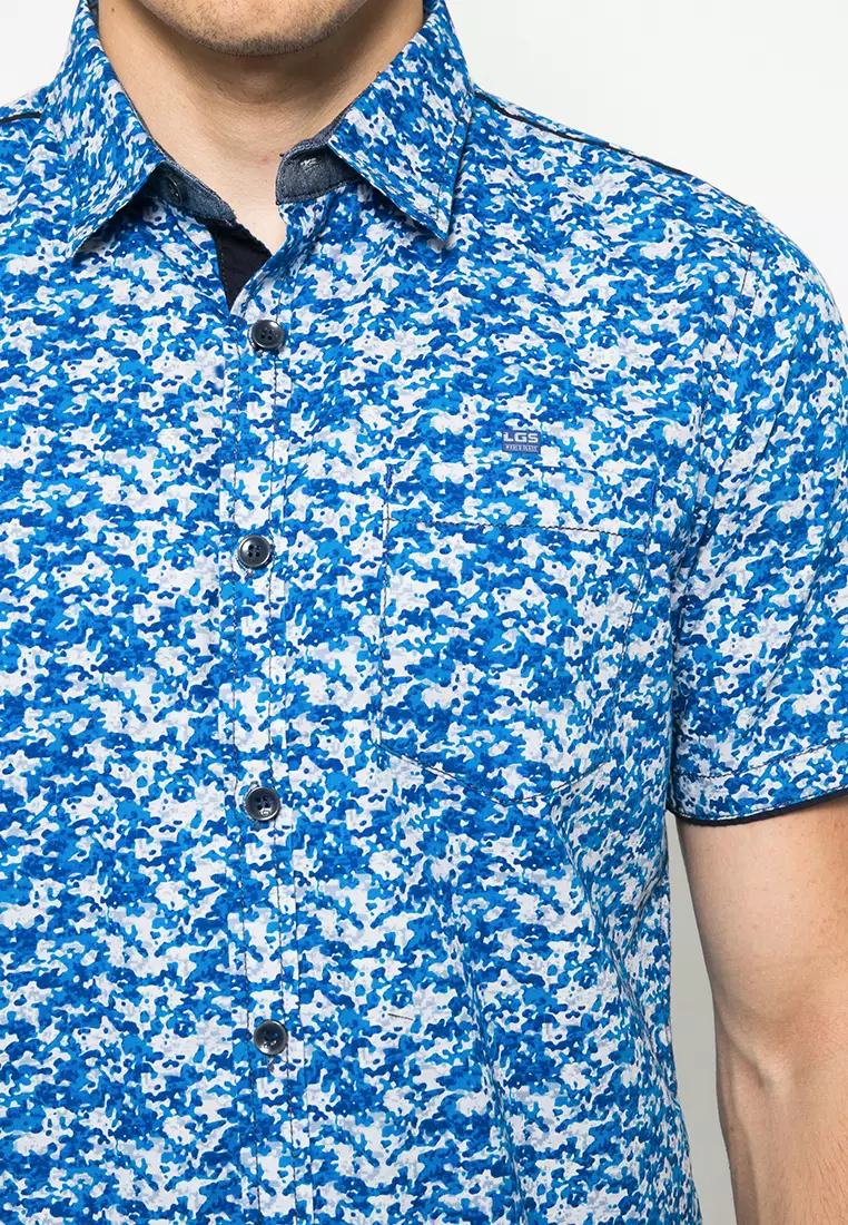 LGS - Kemeja Casual - Motif Abstrak - Biru - Slim Fit