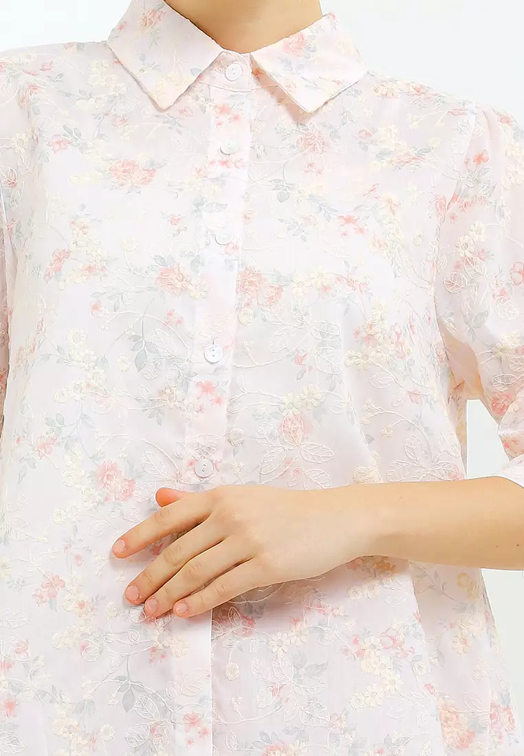 Flo Print Emb Hi Lo Shirt