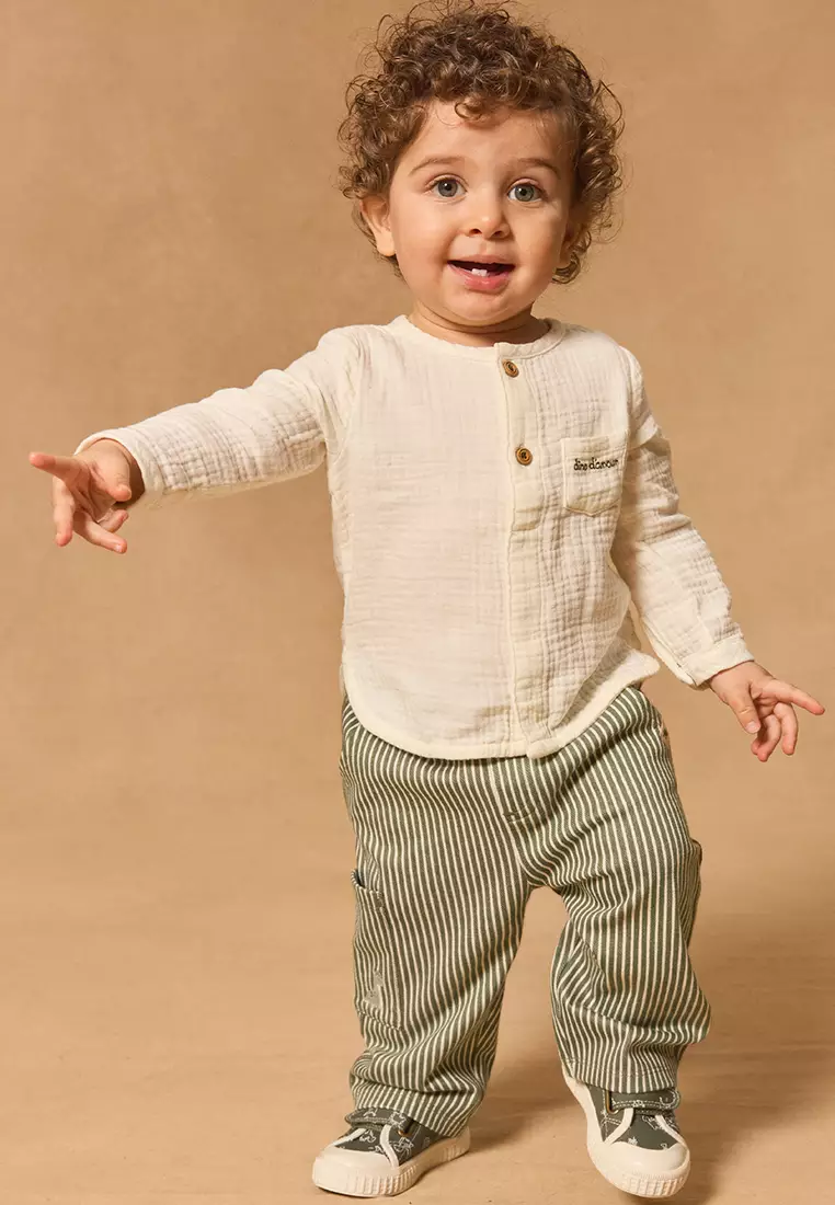 Khaki And White Stripe Twill Pants