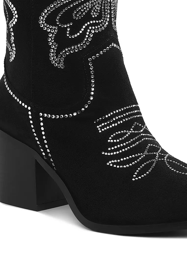 Rhinestones Embellished Cowboy Boots in Black