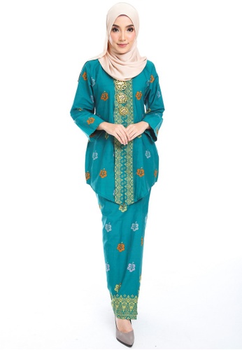Cotton Tradisional Kebaya With Songket Print (BRaya) from Kasih in Green and Blue and Multi