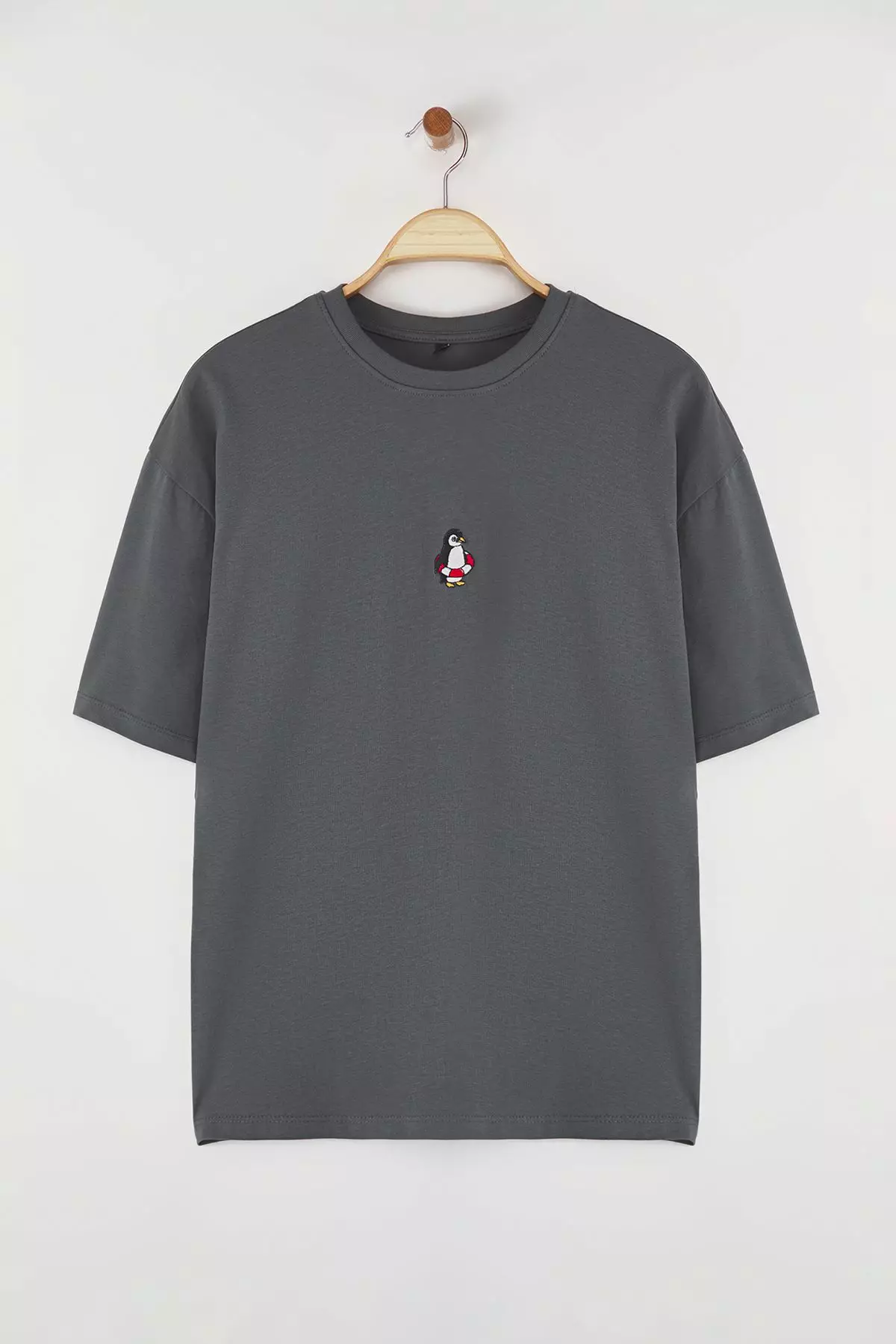 Anthracite Oversize/Wide Cut Penguin Embroidered 100% Cotton T-Shirt TMNSS23TS00243