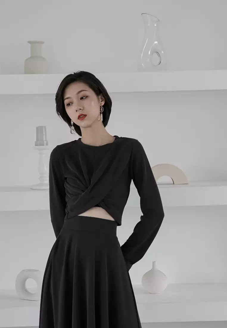 Knotted Long Sleeve T-shirt + Half-length Skirt Suit CA100814BK