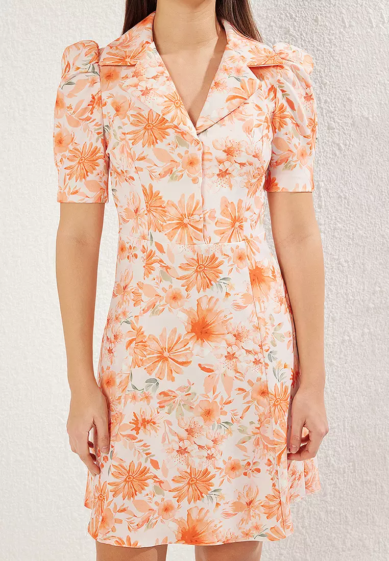 Orange A-Line Balloon Sleeves Floral Mini Woven Dress