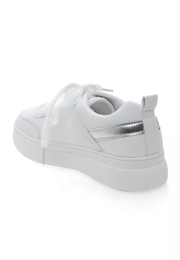 Sepatu Running Wanita Tali Ikat List Design Simple - White Silver