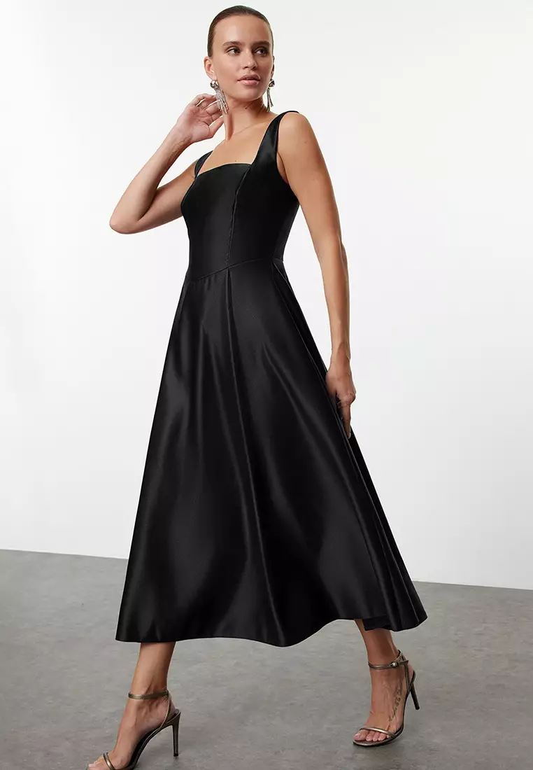 Black A-Line Satin Woven Elegant Evening Prom Dress TPRAW25EL00040