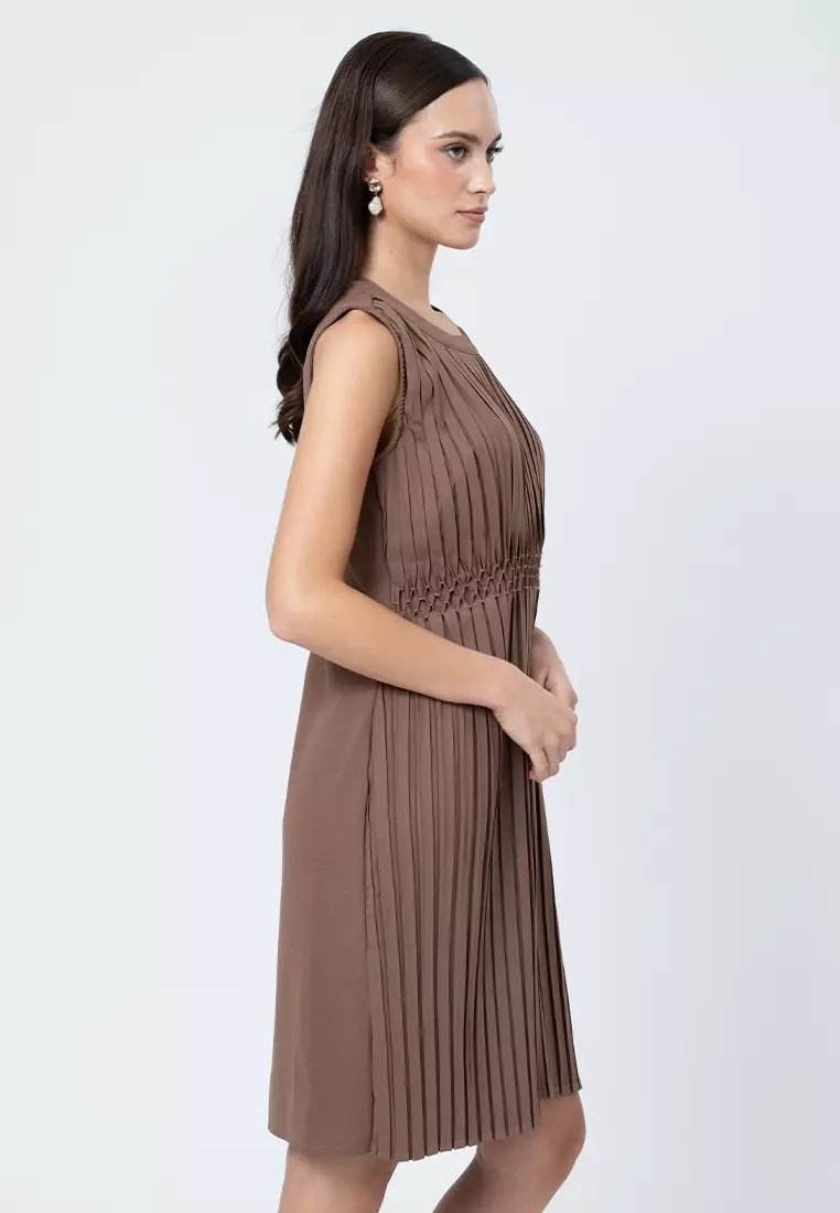 Isolde Pleated Sleeveless Shift Dress with Embroidery Waist Detail