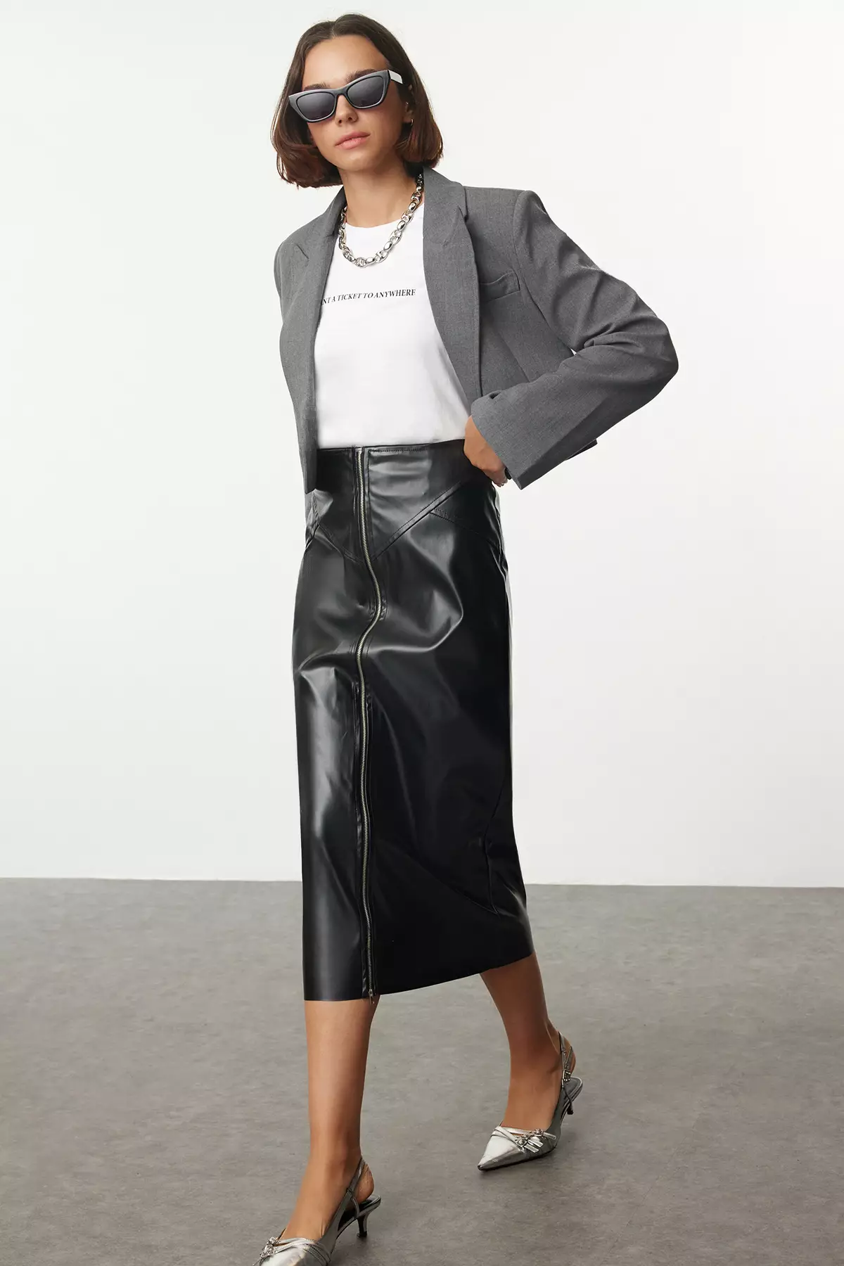 Black Zipper Detail Midi Faux Leather Skirt