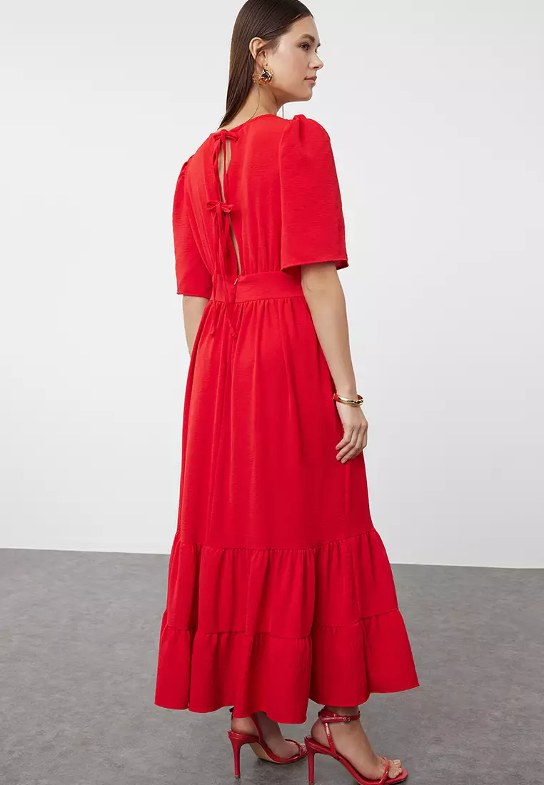 Red Belted Woven Double Breasted Collar Back Detailed Midi Woven Dress