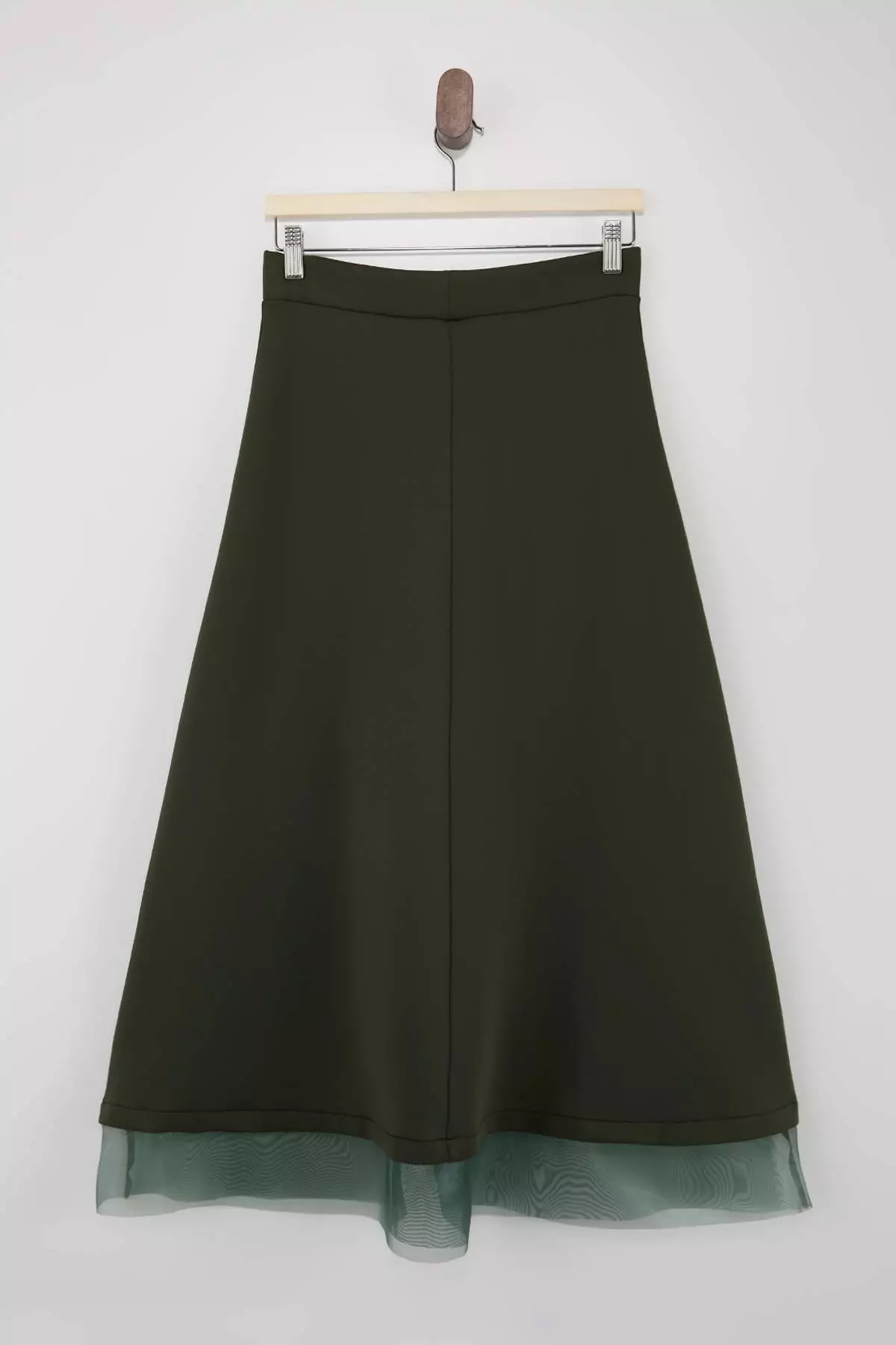 Khaki Unlined Plain Knitted Hem Tulle Detailed Hijab Skirt Tctss26Ee00001
