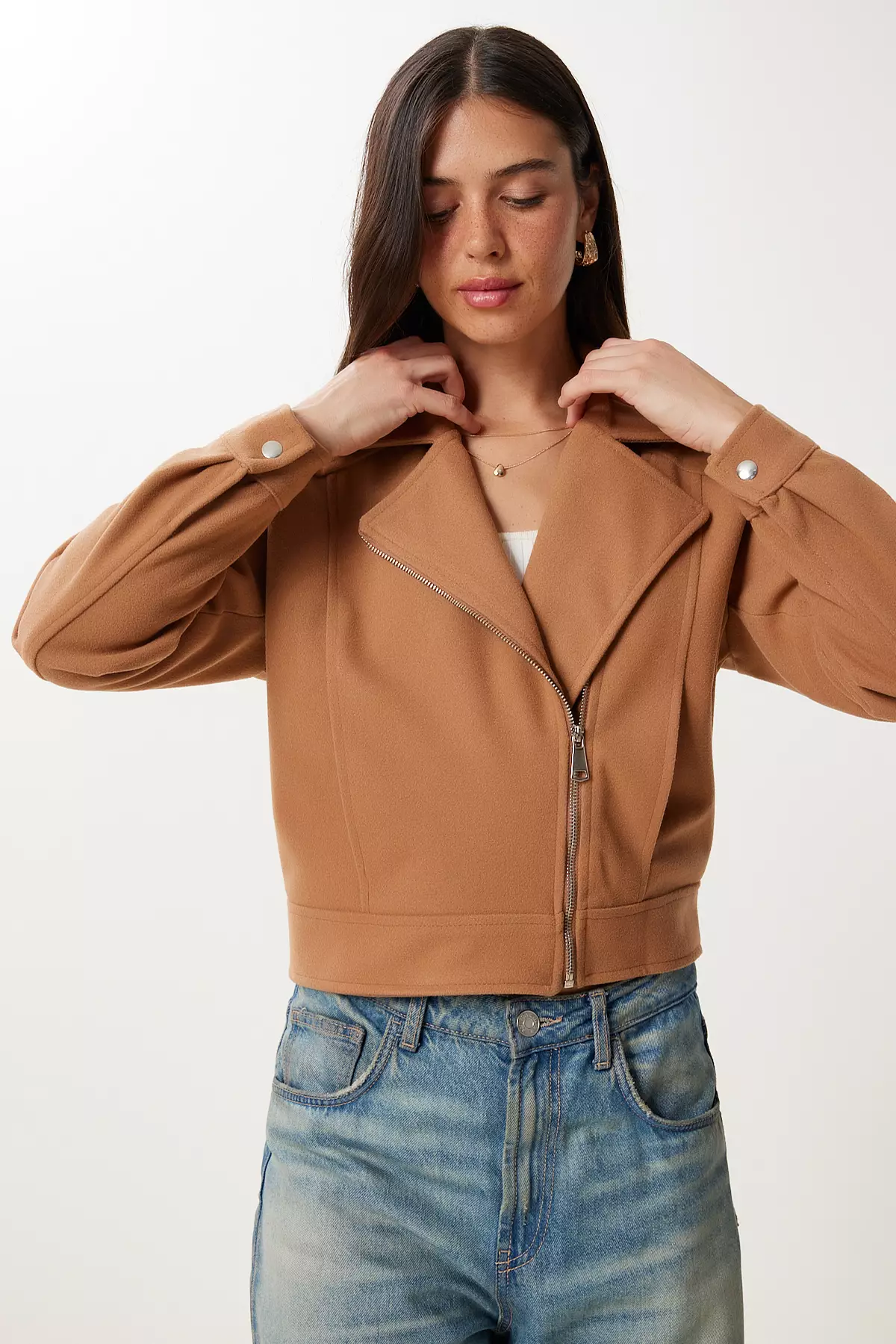 Women's Camel Pocket Short Cashmere Jacket Dd01372