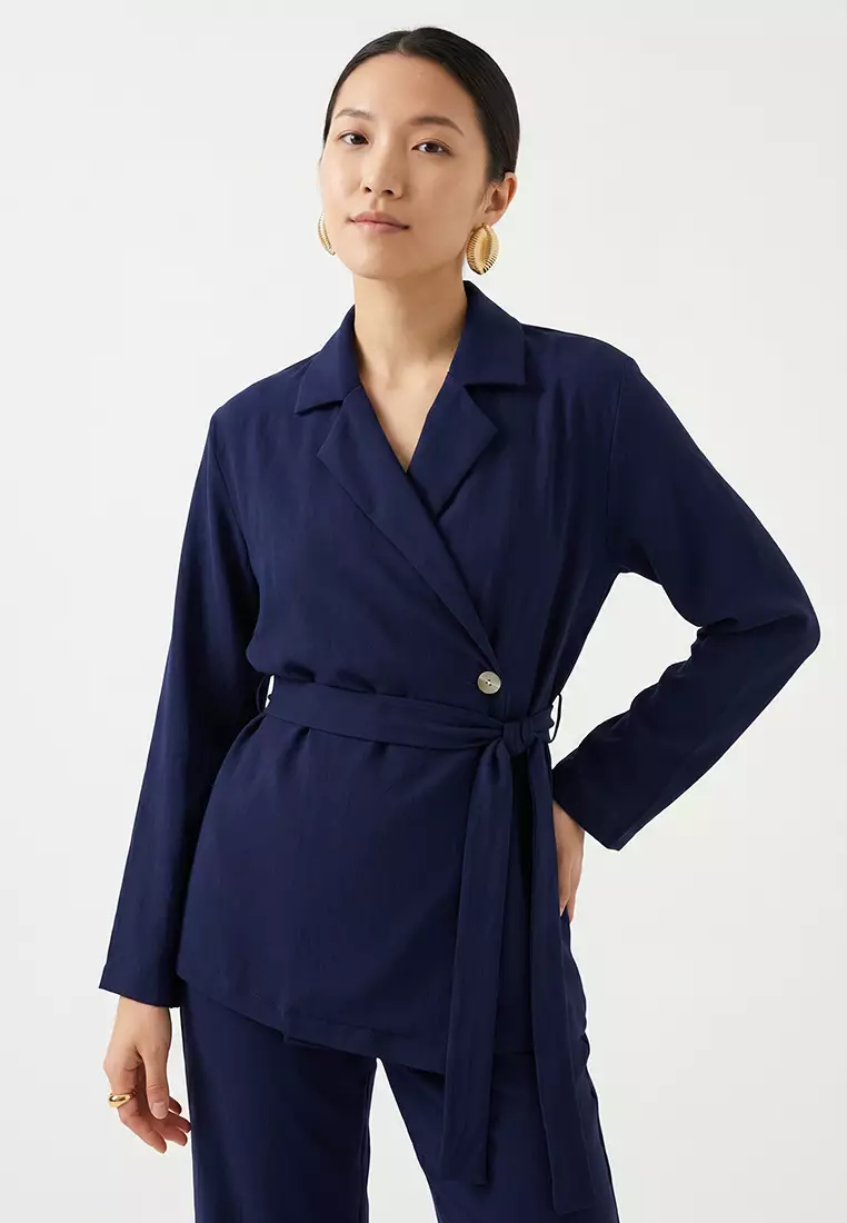 Navy Blue Belted Double Breasted Shirt-Pants Woven Bottom-Top Set TCTSS25US00001