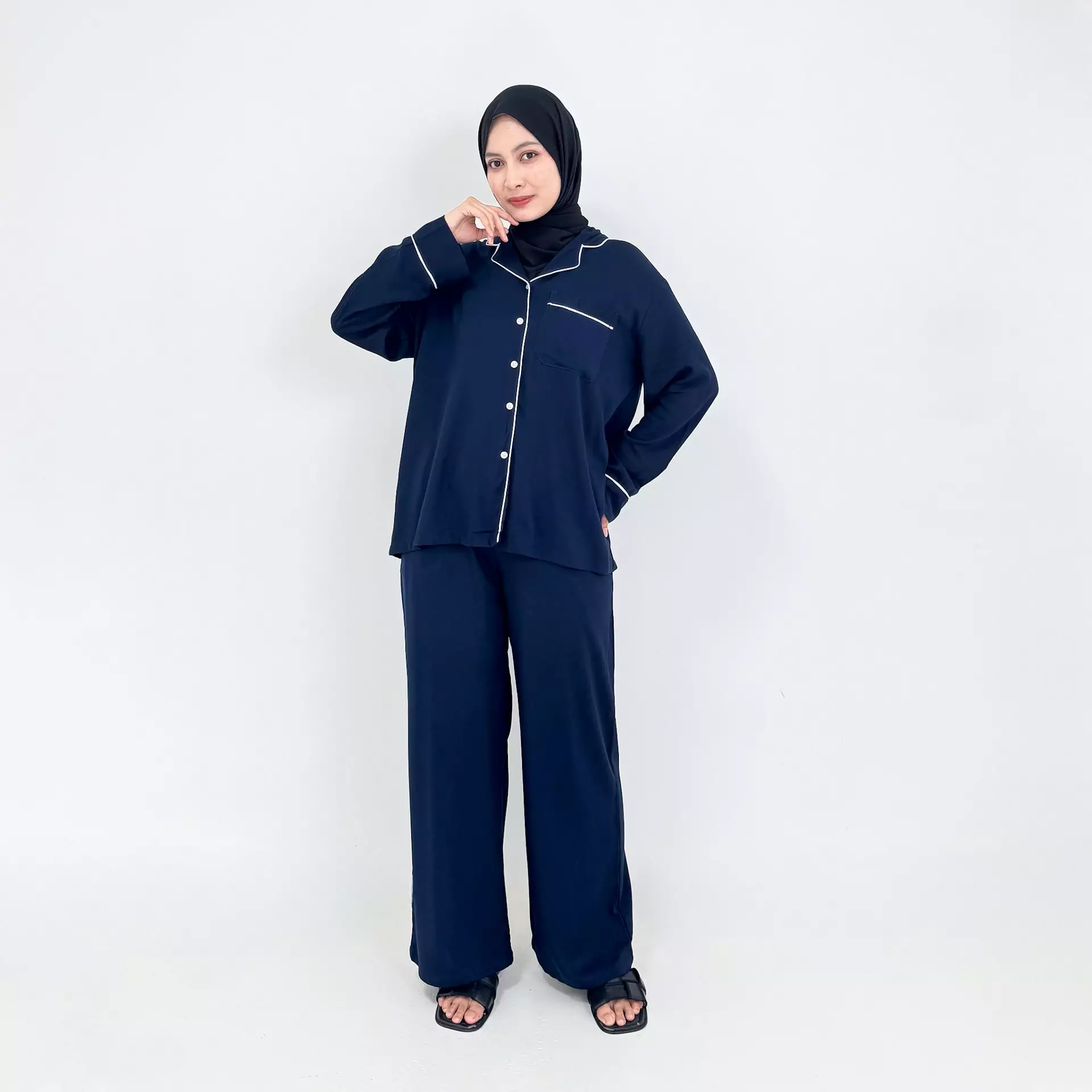 Pyjama Cotton Basic [NAVY] SIZE M-XXL Baju Tidur Long Sleeve Long Pants Sleepwear