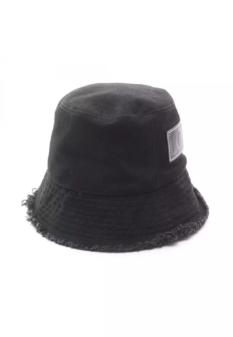 Pre-Loved LOEWE FRAYED BUCKET HAT Leather logo patch hat denim black
