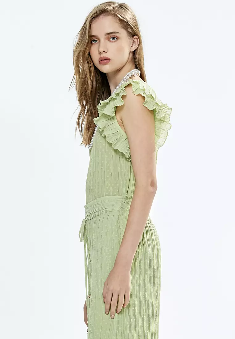 Loose Fit Green Vest With Pleated Ruffle Detail